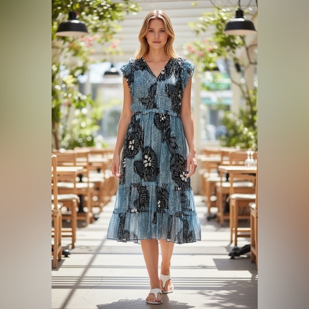 Ulla Johnson Blue Black and silverFloral Tiered Midi Dress